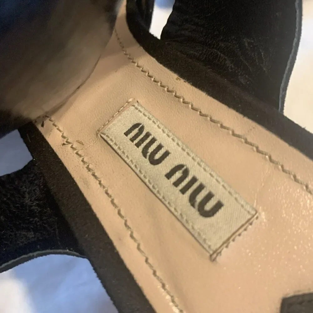 miu miu Authentic Black White Color Block Marble Wedge High Heels Sandals 7